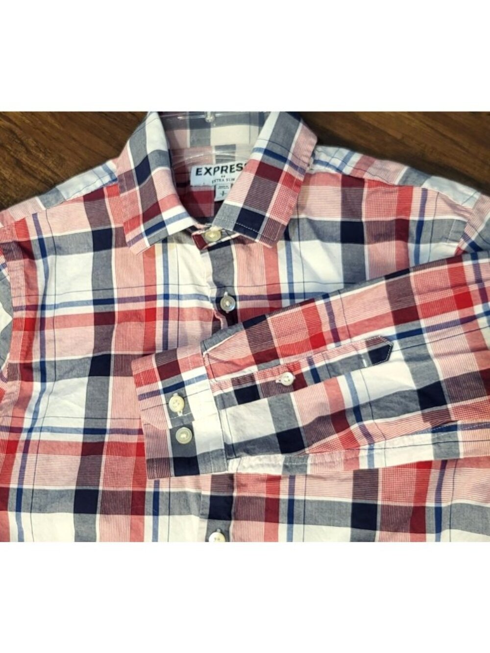 Express Red/Blue Plaid Button Down Extra Slim Cotton Shirt Small Preppy Casual